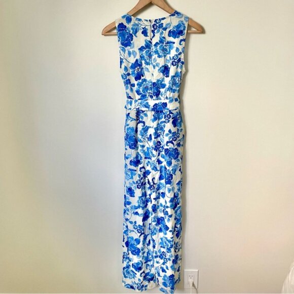 Mango Floral-Print Jumpsuit With Tie Blue and White Print Size Extra Small - Picture 7 of 14